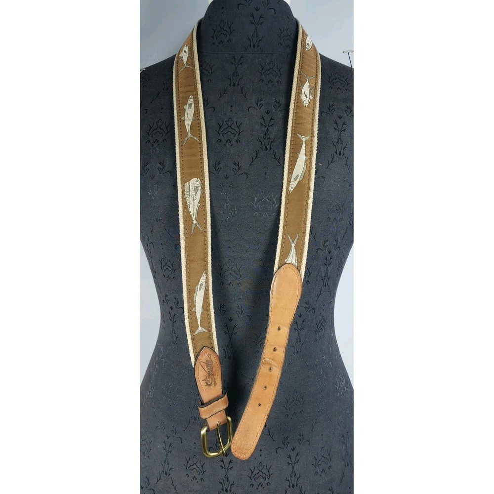 World Wide Sportsman Mahi Mahi Fish Ribbon Belt Sz 44 Brown Leather Canvas USA